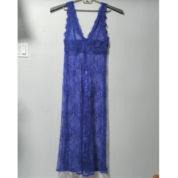 Sheer Lace Gown Wrap Electric Blue Deep V Festival Lingerie Goth S/M - Picture 10 of 13